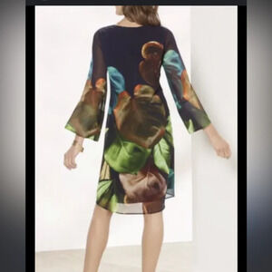 Soft Surroundings dress - navy/green large floral leaf print sheer overlay